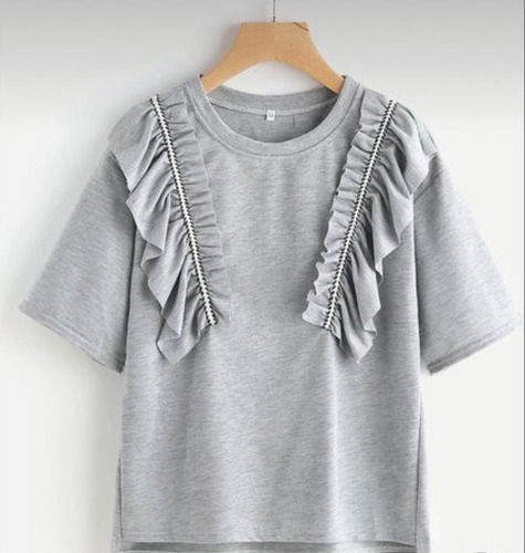 Best Price Ladies Round Neck Short Sleeves Grey Casual Wear Cotton T Shirt Gender: Female