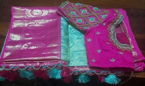 Party Wear Bridal Kanchipuram Silk Green Colour Saree With Pink Colour Border