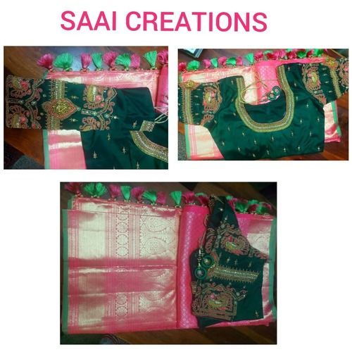 Bridal Kanchipuram Silk Saree Green Colour With Pink Colour Border And Attached Designer Blouse