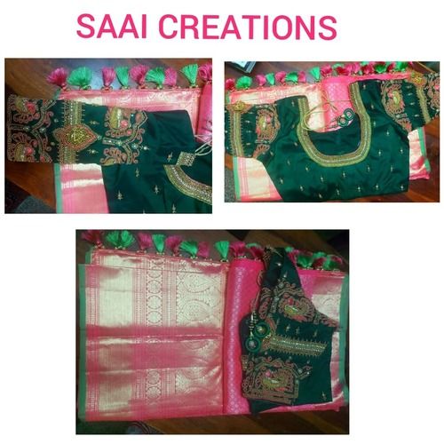 Printed Bridal Kanchipuram Silk Saree Green Colour With Pink Colour Border And Attached Designer Blouse