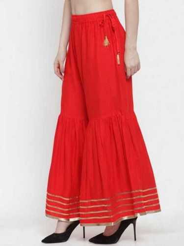 Easy Washable Red Semi Stitched Ladies Viscose Rayon Sharara Pajami Decoration Material: Laces