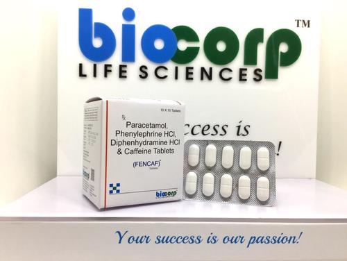 फेनकाफ पेरासिटामोल, फेनिलफ्राइन एचसीएल, डिपेनहाइड्रामाइन एचसीएल और कैफीन टैबलेट आयु समूह: वयस्क