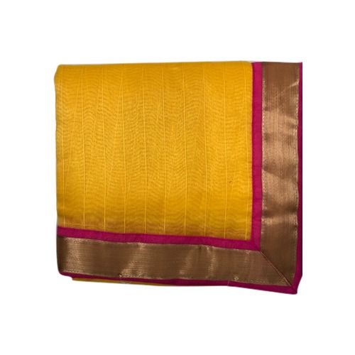  6.3 M Yellow With Pink Colour Border Festive Wear Fancy Border Chiffon Saree