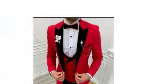 Dry Cleaning  Red And Black Color Plain Full Sleeve Party Wear Cotton Blazer For Mens