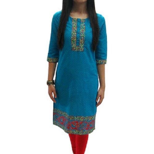 Multi Color Comfortable To Wear Round Neck Summer Wear Cotton Embroidered Kurti