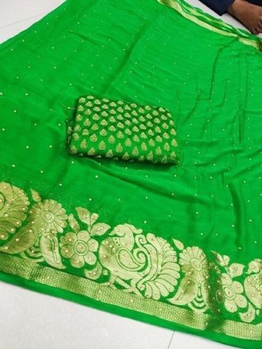 Art Silk Green Colour With Stones Georgette Fancy Border Saree Length 6.3 M 