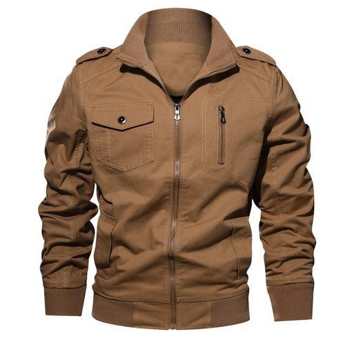 Washable Mens Full Sleeves Zipper Brown Woolen Fabric Casual Jacket