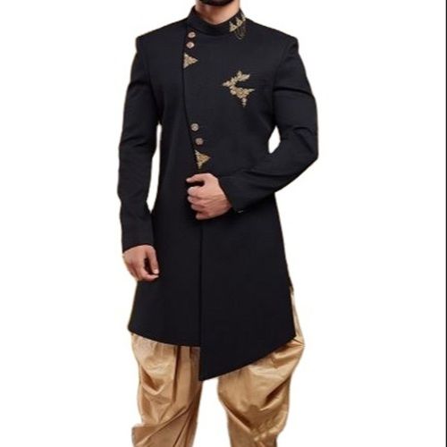 Comfortable Ethnic Wear Mens Sherwani Set With Dark Blue Kurta And Pajamar Decoration Material: Beads