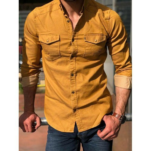 प्रीमियम क्वालिटी और अच्छी दिखने वाली पुरुषों के लिए मस्टर्ड कॉटन कैज़ुअल शर्ट दो फ्रंट पॉकेट के साथ कॉलर स्टाइल: स्ट्रेट
