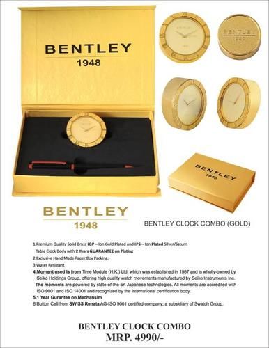 Round Shaped Brass With Gold Plated Bentley Clock Combo