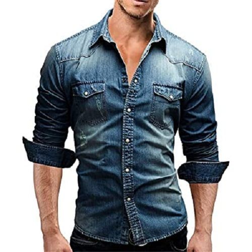 No Fade 100% Denim Fabric Full Sleeves V-Neck Design Blue And White Color Mens Shirts