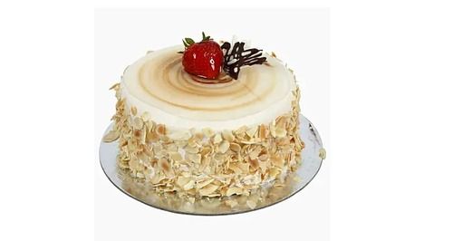  1 किलो रिच कैरेमल बादाम फ्लेक्स फ्लेवर्ड गोल केक, शीर्ष पर असली स्ट्राबेरी शामिल करें 