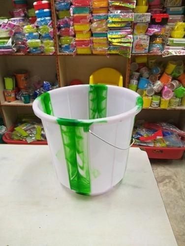 Green And White Color Plastic Bucket Along With Handle And 11 Liter Capacity