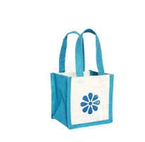 100% Jute Fabric Eco-Friendly Blue And White Printed Shopping Hand Bags Size: Any