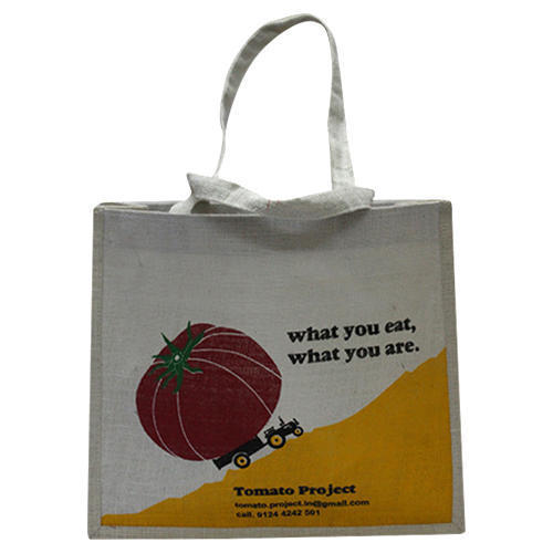 Eco Friendly Printed White And Orange Colour Jute Promotional Sling Bags