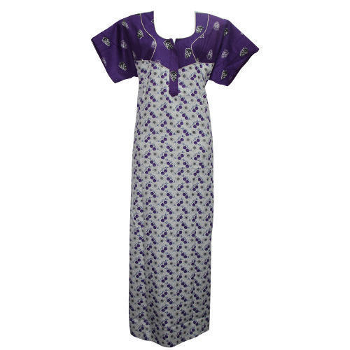 Printed Full Length, Cotton Grey And Violet Colour Designer Nighty With Short Sleeves