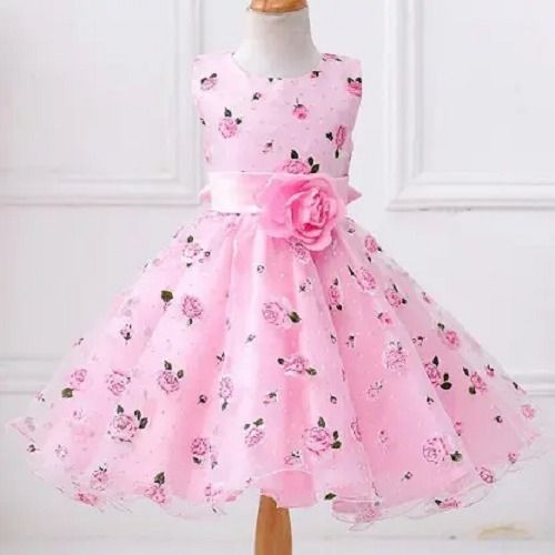 Girls Round-Neck Sleevelesss Pink Floral Print Polyester Chiffon Party Frock