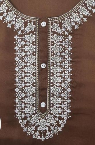 Ladies Embroidered Brown And White Round Neck 3/4th Sleeves Rayon Kurti