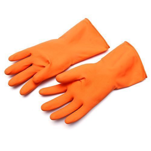 Orange Full Fingers Waterproof Plain Industrial Rubber Gloves