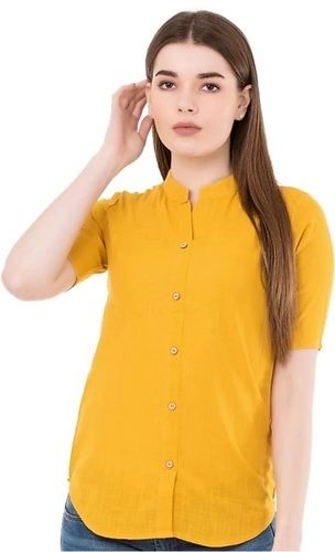 Yellow Plain Pattern Half Sleeves Ladies Shirt For Formal And Casual Wear Collar Style: Classic