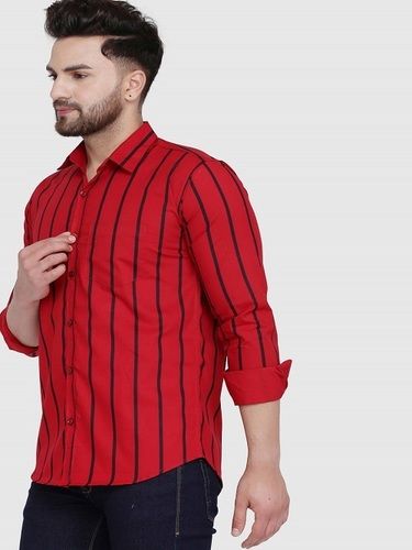  Casual Wear Full Sleeves Stripes Red Color Slim Fit Cotton Shirt For Mens
