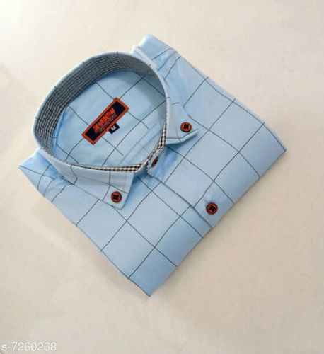 Mens Casual Wear Soft Cotton Check Pattern Long Sleeves Sky Blue Shirts