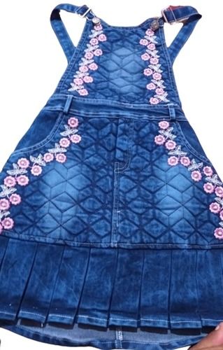 Blue Boasts Pink Embroidered Flower Dark Denim Henny Bunny Dress For Kids