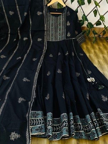 Black Elegant And Beautiful Fashion Rayon Anarkali Suit With Closed Neck And Full Sleeve