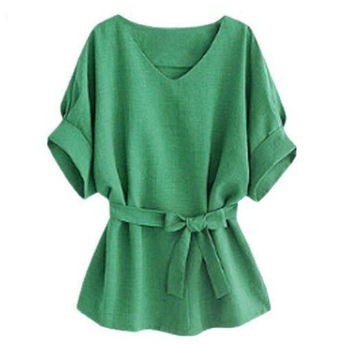 Chiffon Fashionable Plain Green Colour Ladies Fancy Tops With Short Sleeves And Tie