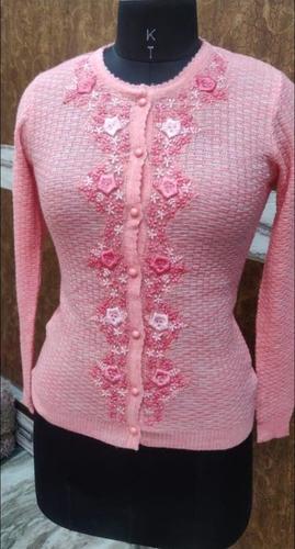 Wool Ladies Front Embroidery Full Sleeves Woolen Fabric Cardigan(Casual Wear)