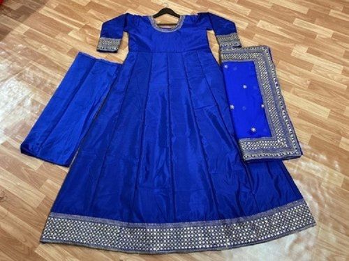 Blue Round Neck And Short Sleeves Bule Color Ladies Anarkali Suits For Party Wear