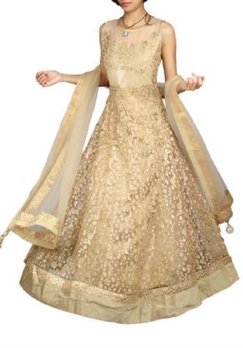 Sleeveless And Round Neck Golden Colour Designer Anarkali Suits For Party Wear Decoration Material: Stones