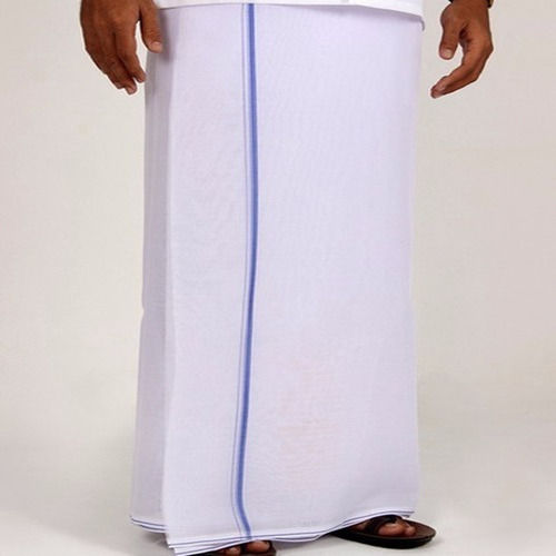 White Cotton Dhoti With One Blue Line In Front Side For Summer Weather