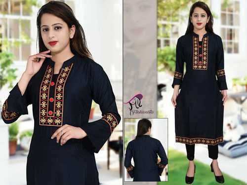 Ankle length Round Neck Three Fourth Sleeves Comfortable To Wear Rayon Kurti 