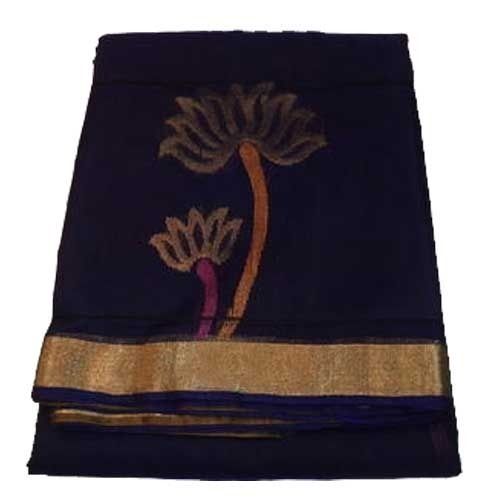 Casual Wear Royal Blue Colour Silk Cotton Saree with Printed Flower Designs And Simple Zari Border 