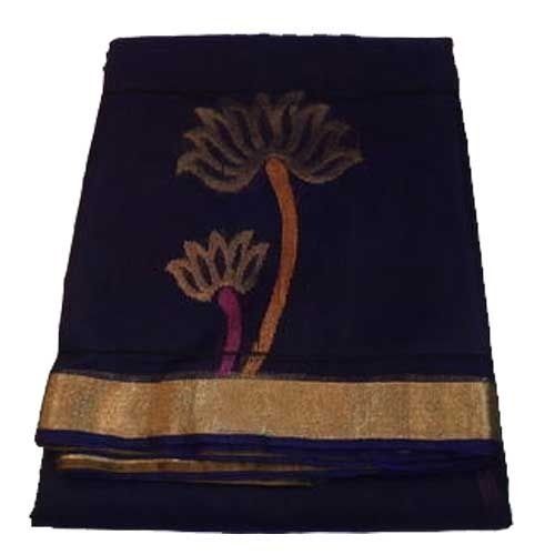 Summer Casual Wear Royal Blue Colour Silk Cotton Saree With Printed Flower Designs And Simple Zari Border 