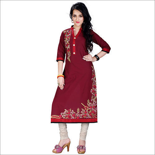 Red  Pink Color Thread Wok Pattern 3-4Th Sleeve Style Ladies Kurti For Casual Wear