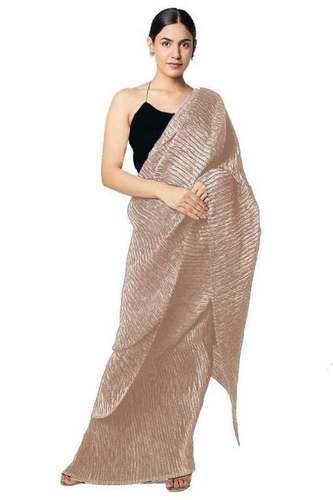 Cream Ladies Plain South Silk Saree For Party Wear With Sleeveless Blouse