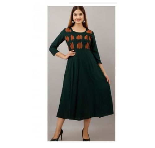 Comfortable To Wear Party Wear Womens Rayon Embroidery Green Anarkali Long Kurta