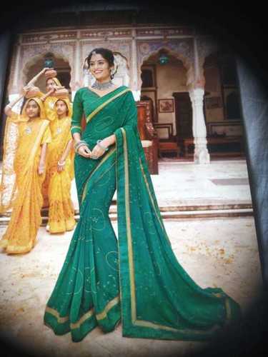 Spring Ladies Party Wear Green Printed Cotton Silk Banarsi Saree With Unstitched Blouse Piece 