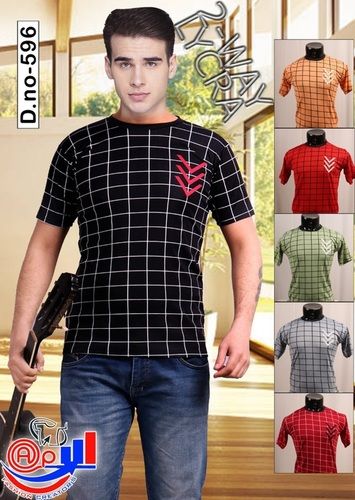 Round Shape Collar Stretchy And Inexpensive Check Pattern Mens T Shirt