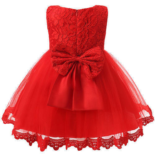 Stylish And Designer Party And Casual Wear Red Color Grils Kids Frocks Decoration Material: Cloths