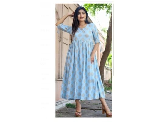 Washable Tear Resistance Casual And Regular Wear Womens Sky Blue Cotton Jaipur Long Kurti