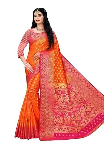 Graceful And Astonishing Orange And Pink Color Printed Banarsi Saree For Women