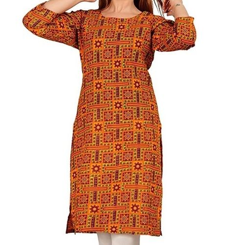 Multi Printed Mega Sleeves Style Round Neck Pattern Orange Color Printed Cotton Ladies Kurti 