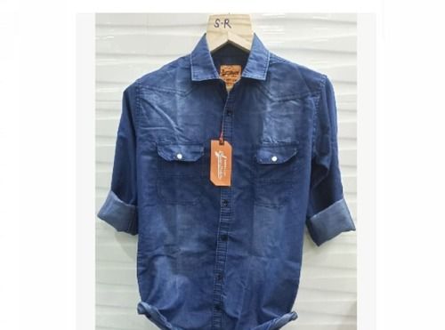 Casual Wear Full Sleeve Two Pocket Blue Denim Shirts For Mens