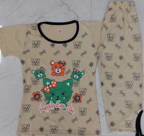 Cotton Baby Cream Colour Soft Fabric Printed Round Neck T-Shirt With Lower Set