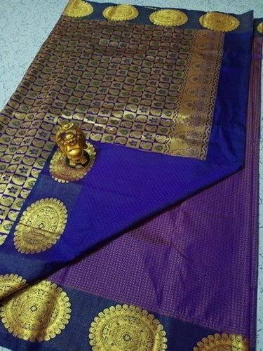 Festive Cotton Silk Fabric Royal Blue Color Embossed Art Silk Saree For Party Wear