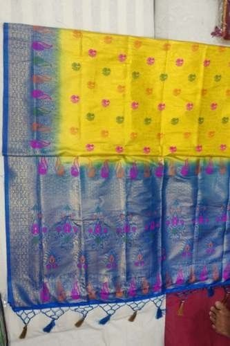 Traditional Formal Wear Flower Design Yellow And Blue Color Fancy Art Silk Saree