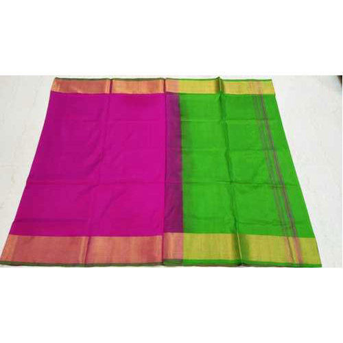 Ladies Party Wear Plain Border Green And Pink Color Pure Cotton Silk Saree